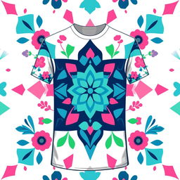 A vibrant and eye-catching T-shirt design featuring a stylized, colorful geometric pattern interwoven with floral elements