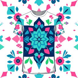 A vibrant and eye-catching T-shirt design featuring a stylized, colorful geometric pattern interwoven with floral elements