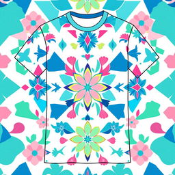 A vibrant and eye-catching T-shirt design featuring a stylized, colorful geometric pattern interwoven with floral elements