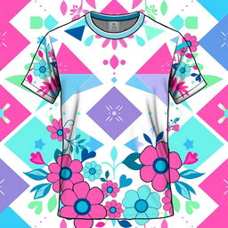 A vibrant and eye-catching T-shirt design featuring a stylized, colorful geometric pattern interwoven with floral elements