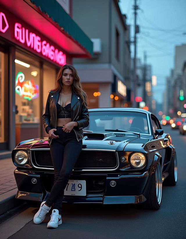 A classic Ford Mustang reimagined as a 1990s Japanese import car, featuring modified body lines with sleek curves and aggressive styling typical of JDM vehicles