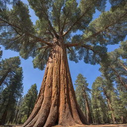 A spectacular image of the world's largest tree, the sequoia nicknamed General Sherman. Its massive trunk and sprawling branches hold a dizzying array of lush, green foliage, standing as a testament to nature's awe-inspiring grandeur.