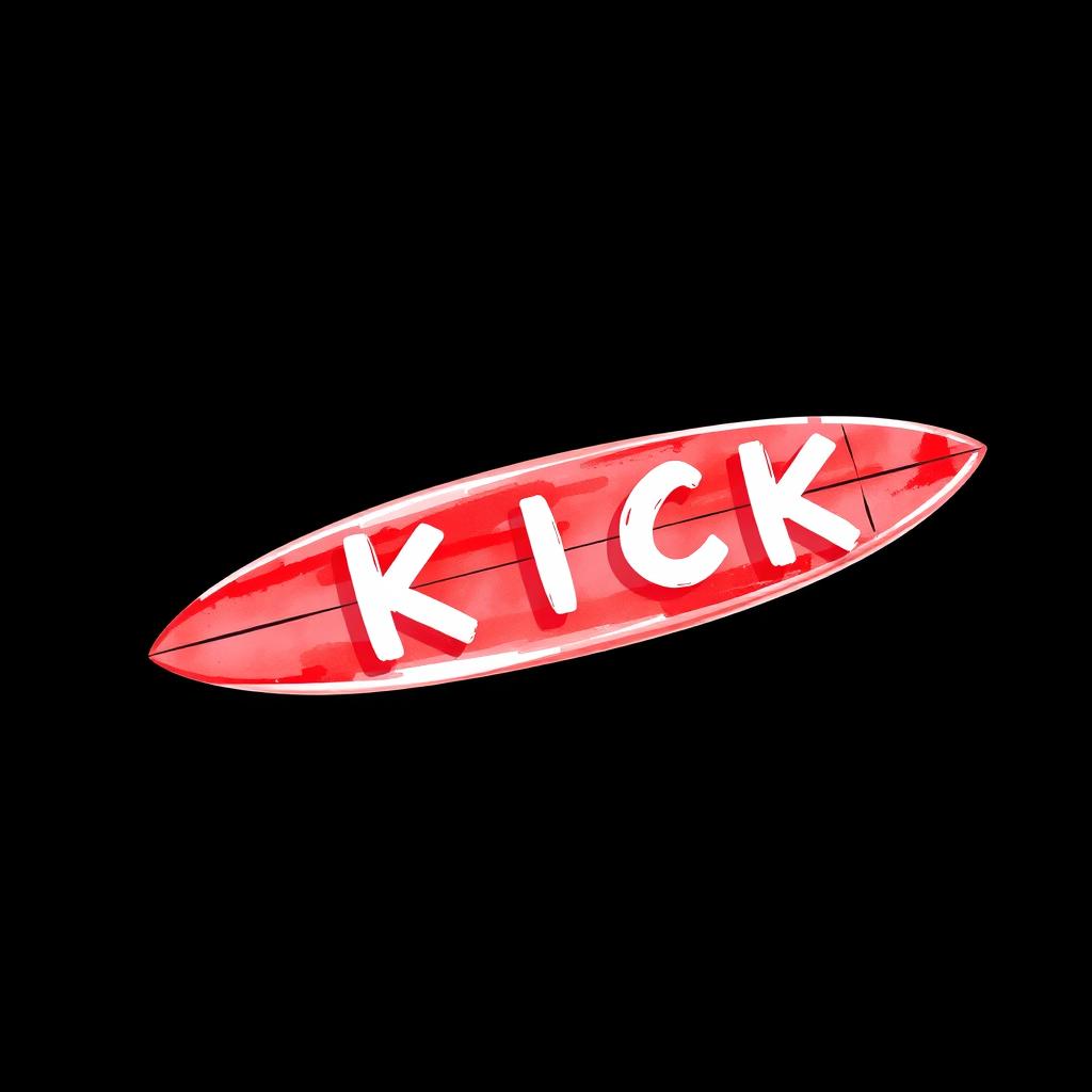 A vibrant 2D watercolor illustration of a red surfboard displaying the bold white letters spelling out "KICK" on its side