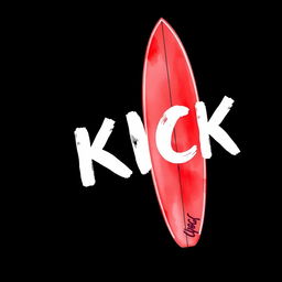 A vibrant 2D watercolor illustration of a red surfboard displaying the bold white letters spelling out "KICK" on its side