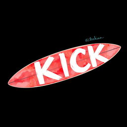 A vibrant 2D watercolor illustration of a red surfboard displaying the bold white letters spelling out "KICK" on its side