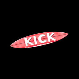 A vibrant 2D watercolor illustration of a red surfboard displaying the bold white letters spelling out "KICK" on its side