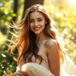 A beautiful young woman with long flowing hair, standing in a soft and serene natural setting like a sunlit forest