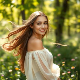 A beautiful young woman with long flowing hair, standing in a soft and serene natural setting like a sunlit forest