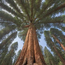 A spectacular image of the world's largest tree, the sequoia nicknamed General Sherman. Its massive trunk and sprawling branches hold a dizzying array of lush, green foliage, standing as a testament to nature's awe-inspiring grandeur.