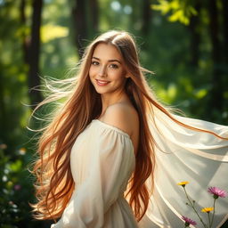 A beautiful young woman with long flowing hair, standing in a soft and serene natural setting like a sunlit forest