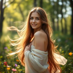 A beautiful young woman with long flowing hair, standing in a soft and serene natural setting like a sunlit forest