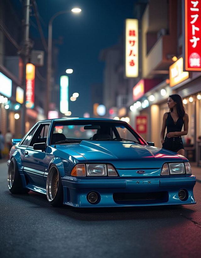 A classic Ford Mustang reimagined as a 1990s Japanese import car, featuring modified body lines with sleek curves and aggressive styling typical of JDM vehicles