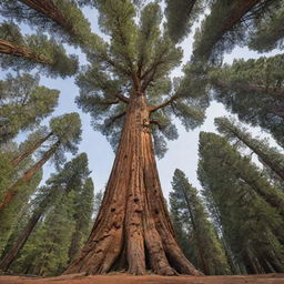 A spectacular image of the world's largest tree, the sequoia nicknamed General Sherman. Its massive trunk and sprawling branches hold a dizzying array of lush, green foliage, standing as a testament to nature's awe-inspiring grandeur.