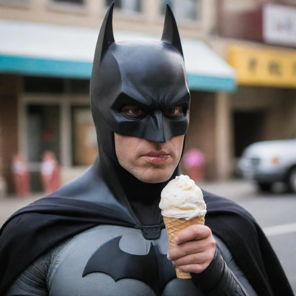 Batman unmasked, indulging in a refreshing ice cream cone, a fleeting moment of normalcy and enjoyment.