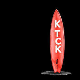 A 2D illustration of a standing red surfboard featuring the white word "KICK" prominently displayed