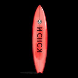 A 2D illustration of a standing red surfboard featuring the white word "KICK" prominently displayed