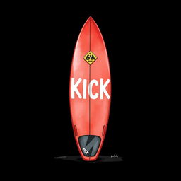 A 2D illustration of a standing red surfboard featuring the white word "KICK" prominently displayed