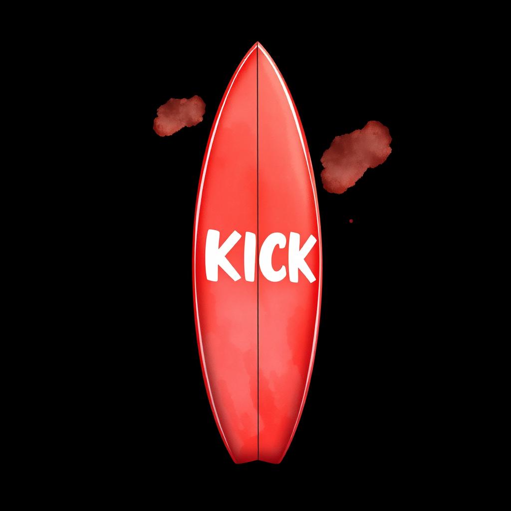 A vibrant 2D illustration of a red surfboard standing upright against a black background