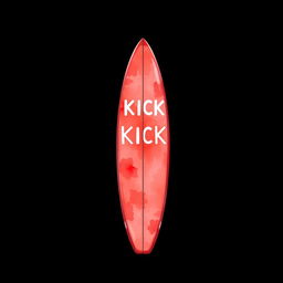 A vibrant 2D illustration of a red surfboard standing upright against a black background