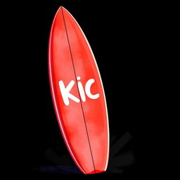 A vibrant 2D illustration of a red surfboard standing upright against a black background