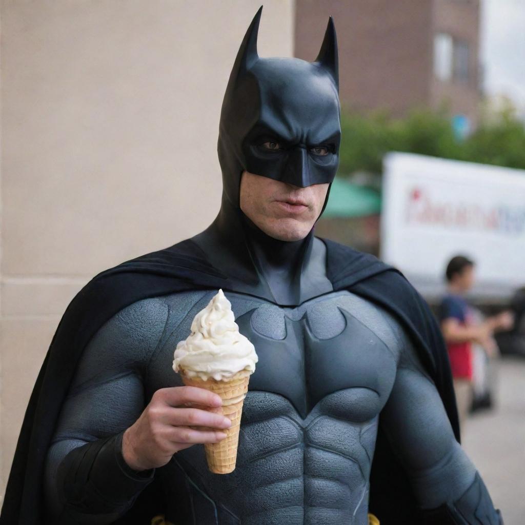 Batman unmasked, indulging in a refreshing ice cream cone, a fleeting moment of normalcy and enjoyment.