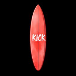 A vibrant 2D illustration of a red surfboard standing upright against a black background