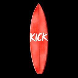 A vibrant 2D illustration of a red surfboard standing upright against a black background