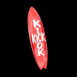 A vibrant 2D illustration of a red surfboard standing upright against a black background