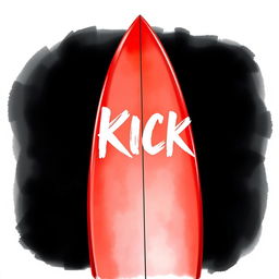 A detailed 2D illustration of a red surfboard featuring white brush-style lettering spelling out "KICK" on its surface