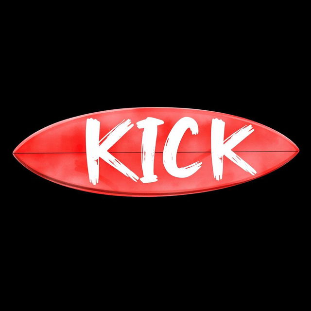 A detailed 2D illustration of a red surfboard featuring white brush-style lettering spelling out "KICK" on its surface