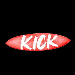 A detailed 2D illustration of a red surfboard featuring white brush-style lettering spelling out "KICK" on its surface