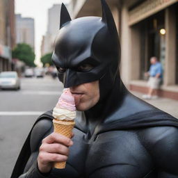 Batman unmasked, indulging in a refreshing ice cream cone, a fleeting moment of normalcy and enjoyment.