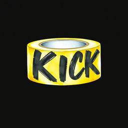 A striking 2D watercolor illustration of a roll of yellow adhesive tape, prominently displaying black brush-style lettering that spells out "KICK" across its surface