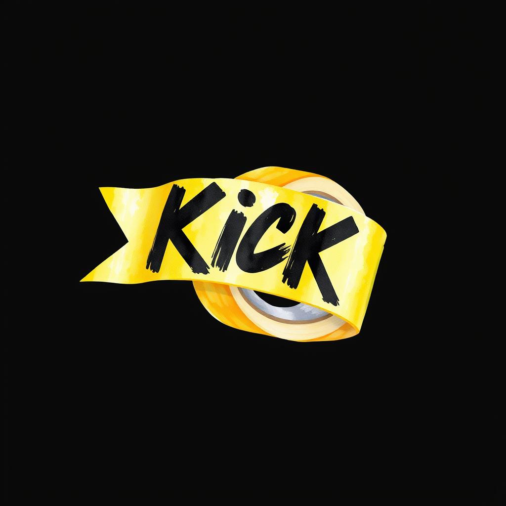 A striking 2D watercolor illustration of a roll of yellow adhesive tape, prominently displaying black brush-style lettering that spells out "KICK" across its surface