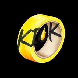 A striking 2D watercolor illustration of a roll of yellow adhesive tape, prominently displaying black brush-style lettering that spells out "KICK" across its surface