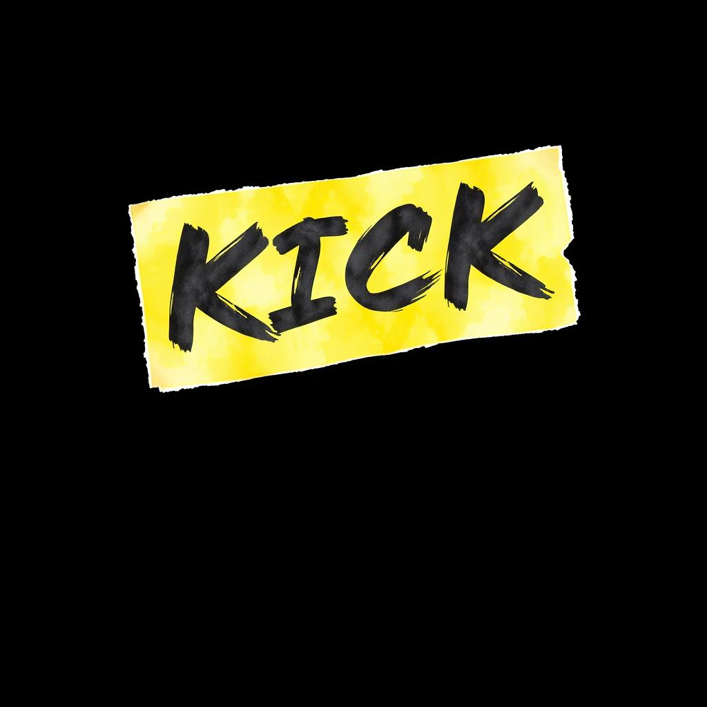 A captivating watercolor illustration of a piece of yellow adhesive tape featuring bold black brush-style lettering that spells "KICK" prominently across it