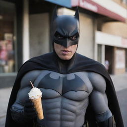 Batman unmasked, indulging in a refreshing ice cream cone, a fleeting moment of normalcy and enjoyment.