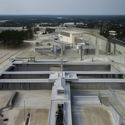 An aerial view of the entrance of a state-of-the-art maximum-security penitentiary, highlighting secured gates, surveillance systems, and fortified structures.