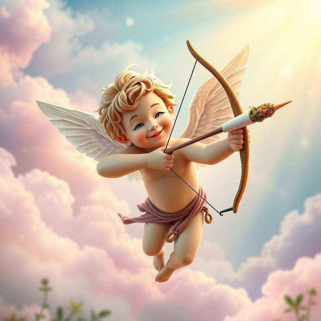 A whimsical scene featuring Cupid, the Roman god of love, playfully aiming his bow and arrow