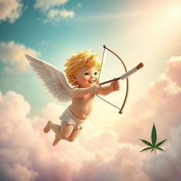 A whimsical scene featuring Cupid, the Roman god of love, playfully aiming his bow and arrow