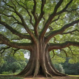 An awe-inspiring image of an enormous, ancient tree. Its broad trunk, covered in textured bark, supports a dense canopy full of vibrant green leaves. The tree stands as a magnificent monument to nature's resilience and beauty.