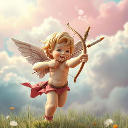 A whimsical scene featuring Cupid, the Roman god of love, playfully aiming his bow and arrow