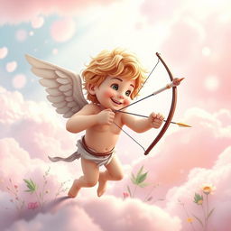 A whimsical scene featuring Cupid, the Roman god of love, playfully aiming his bow and arrow