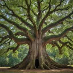 An awe-inspiring image of an enormous, ancient tree. Its broad trunk, covered in textured bark, supports a dense canopy full of vibrant green leaves. The tree stands as a magnificent monument to nature's resilience and beauty.