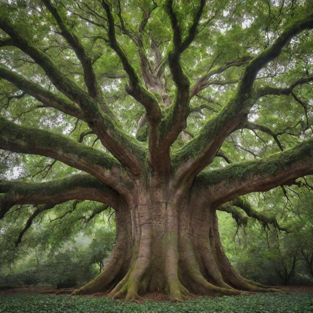 An awe-inspiring image of an enormous, ancient tree. Its broad trunk, covered in textured bark, supports a dense canopy full of vibrant green leaves. The tree stands as a magnificent monument to nature's resilience and beauty.