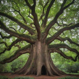 An awe-inspiring image of an enormous, ancient tree. Its broad trunk, covered in textured bark, supports a dense canopy full of vibrant green leaves. The tree stands as a magnificent monument to nature's resilience and beauty.