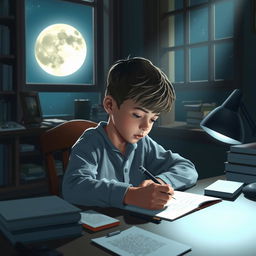 A young boy sitting at his study table, deeply focused on writing a letter