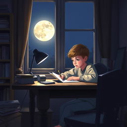 A young boy sitting at his study table, deeply focused on writing a letter