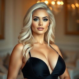 A stunningly attractive blonde woman with a full body and large breasts, wearing a lot of glamorous makeup