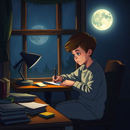 A young boy sitting at his study table, deeply focused on writing a letter